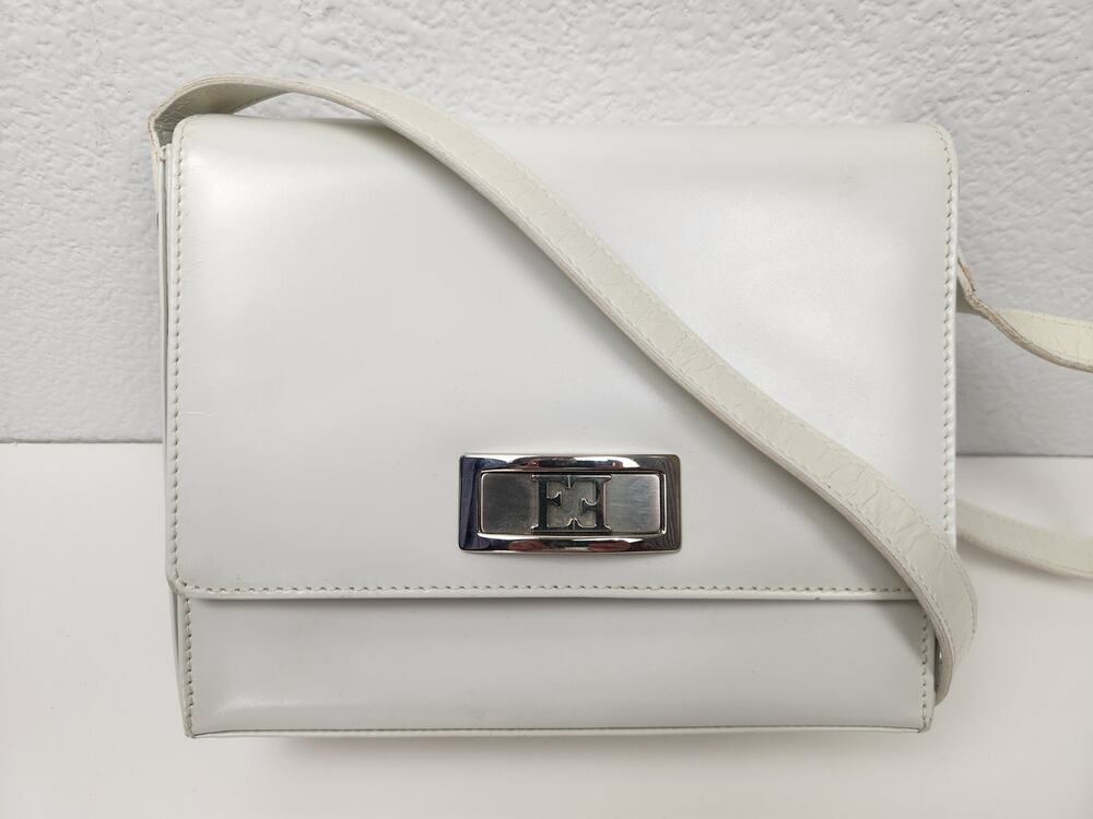 Vintage Escada Ivory Patent Leather Silver Hardware Kelly Square Shoulder Bag
